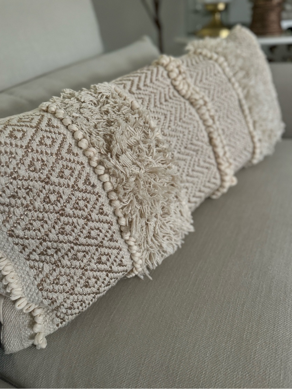 Boho Textured Fringe Lumbar Pillow - Cream 14” x 38”